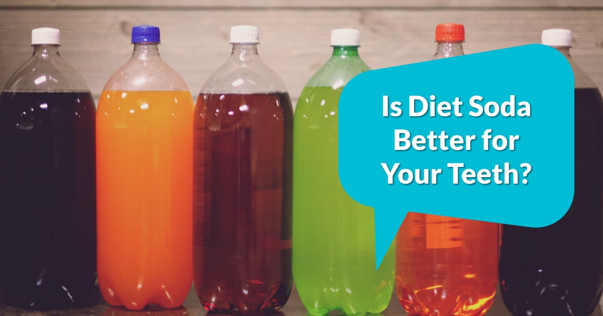 Colorful soda bottles with a speech bubble asking, “Is Diet Soda Better for Your Teeth?” – dental health tips from AZ Family Kids Dental.