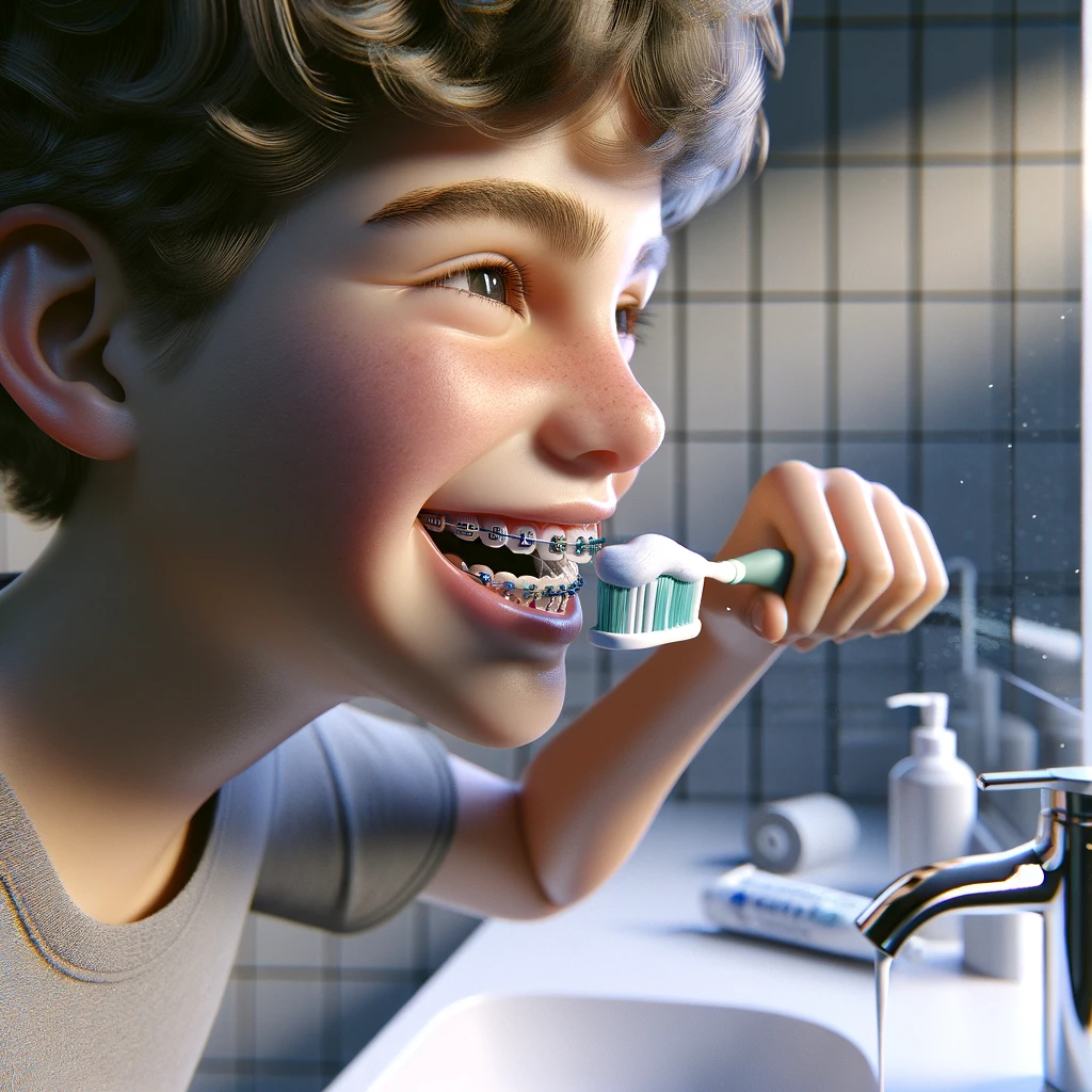 Illustration of child brushing teeth with braces
