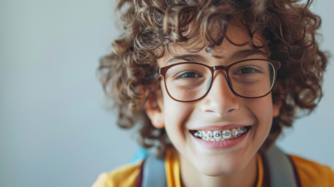 Child with braces wearing glasses smiling