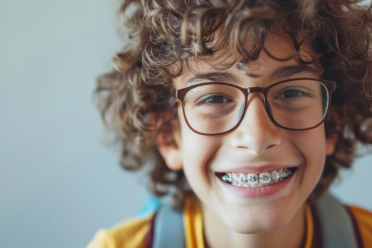 Child with braces wearing glasses smiling